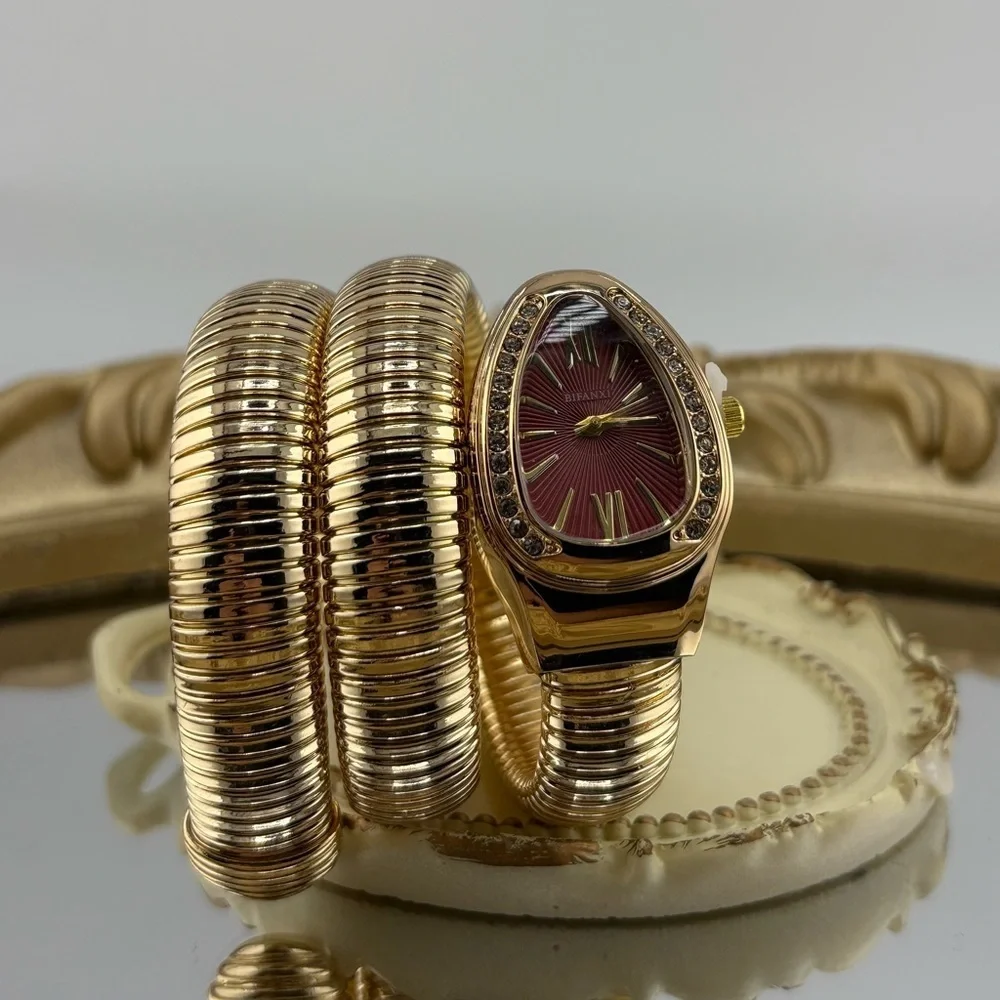Serpenti Wrap Bracelet Watch – Gold Tone / Burgundy Dial ✨